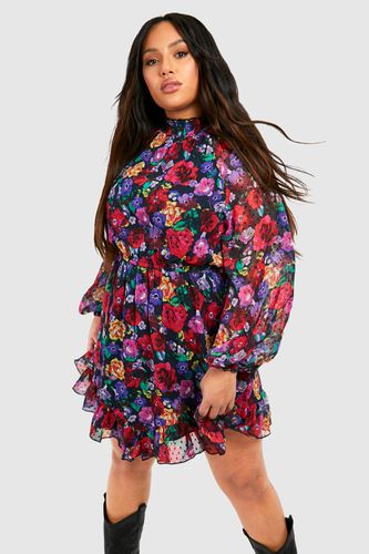 Womens Plus Floral Dobby Mesh Long Sleeve Frill Hem Mini Dress - - 24 - boohoo - Modalova