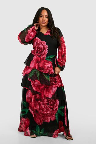 Womens Plus Dobby Mesh Floral Print Long Sleeve Ruffle Maxi Dress - - 16 - boohoo - Modalova