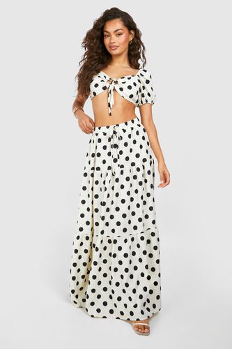 Womens Polka Dot Textured Puff Sleeve Bralette & Tiered Maxi Skirt - - 10 - boohoo - Modalova