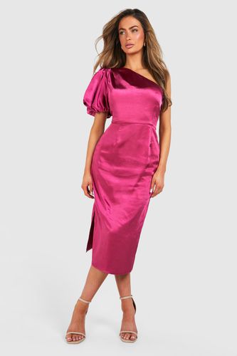 Womens Satin Puff Sleeve Asymmetric Midi Dress - - 14 - boohoo - Modalova