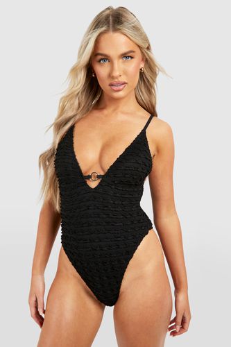 Womens Textured Ruffle O-ring Plunge Swimsuit - - 10 - boohoo - Modalova