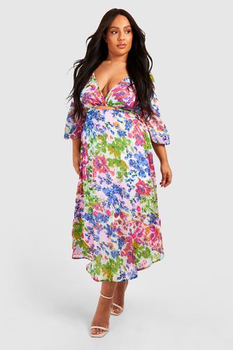 Womens Plus Floral Chiffon Volume Sleeve Midi Skater Dress - - 28 - boohoo - Modalova