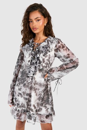 Womens Chiffon Leopard Print Ruffle Front Mini Dress - - 10 - boohoo - Modalova