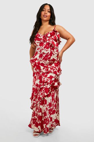 Womens Plus Satin Floral Ruffle Slip Maxi Dress - - 16 - boohoo - Modalova