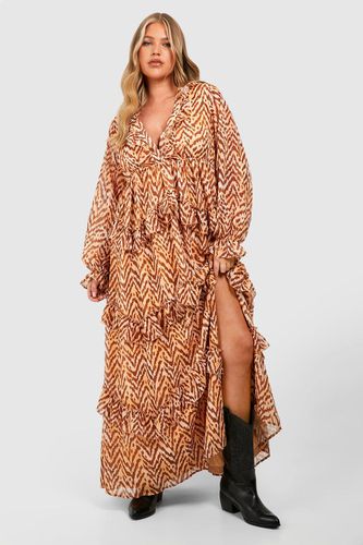 Womens Plus Animal Frill Plunge Ruffle Maxi Dress - - 20 - boohoo - Modalova