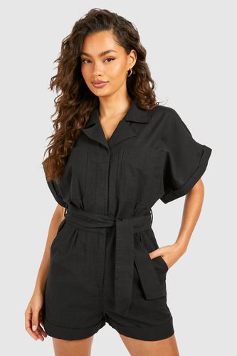 Womens Linen Utility Belted Playsuit - - 12 - boohoo - Modalova