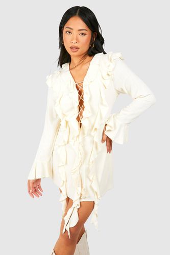 Womens Petite Linen Ruffle Boho Mini Dress - - 10 - boohoo - Modalova