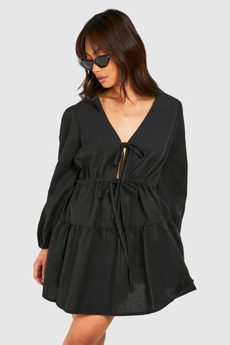 Womens Linen Tie Front Mini Dress - - 10 - boohoo - Modalova