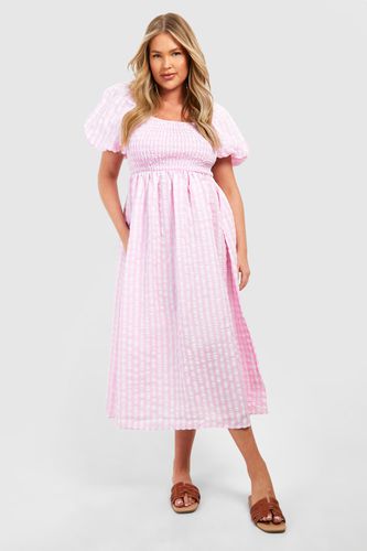 Womens Plus Textured Gingham Puff Sleeve Miidi Dress - - 16 - boohoo - Modalova
