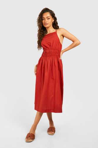 Womens Strappy Linen Shirred Waist Midi Dress - 10 - boohoo - Modalova