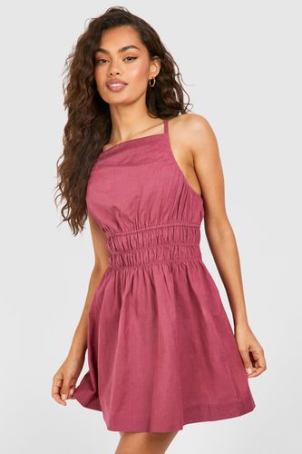 Womens Strappy Linen Shirred Waist Mini Dress - - 10 - boohoo - Modalova