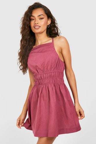 Womens Strappy Linen Shirred Waist Mini Dress - - 8 - boohoo - Modalova
