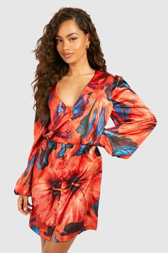 Womens Tropical Print Blouson Sleeve Mini Dress - - 10 - boohoo - Modalova