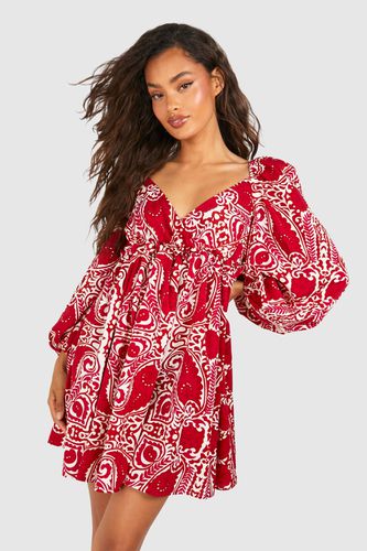 Womens Paisley Puff Sleeve Plunge Smock Dress - - 10 - boohoo - Modalova