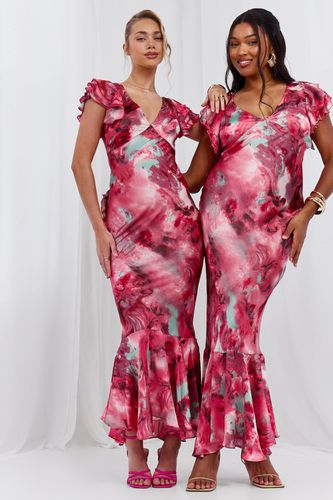 Womens Marble Satin Ruffle Sleeve Maxi Dress - - 18 - boohoo - Modalova
