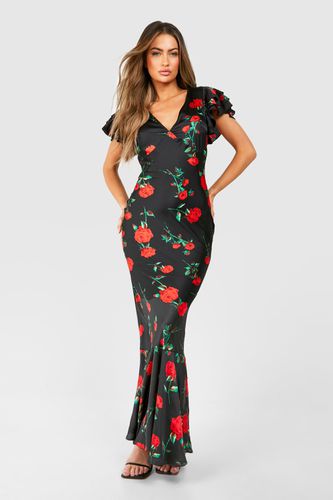 Womens Rose Print Frill Sleeve Maxi Dress - - 10 - boohoo - Modalova