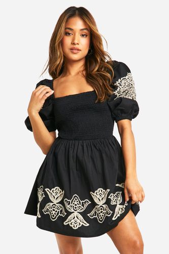 Womens Petite Embroidery Puff Sleeve Mini Dress - - 10 - boohoo - Modalova