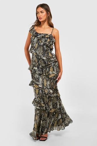 Womens Snake Ruffle Chiffon Asymmetric Maxi Dress - - 14 - boohoo - Modalova