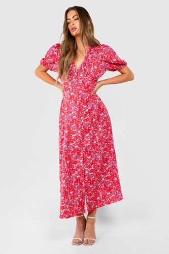 Womens Floral Puff Sleeve Button Through Midi Dress - - 16 - boohoo - Modalova