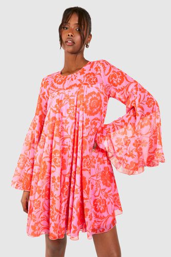 Womens Floral Print Flared Sleeve Smock Dress - - 12 - boohoo - Modalova