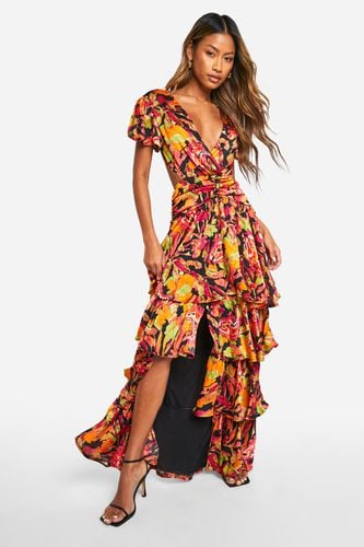 Womens Printed Ruffle Tiered Cut Out Maxi Dress - - 10 - boohoo - Modalova