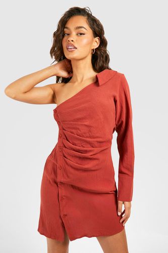 Womens Linen Asymmetric Rouched Shirt Dress - - 8 - boohoo - Modalova