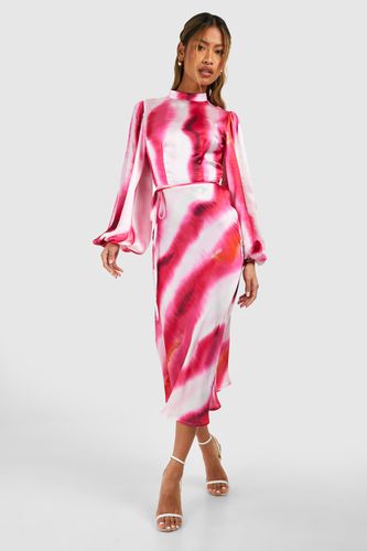 Womens Marble Print Satin Long Sleeve Midi Dress - - 10 - boohoo - Modalova