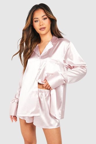 Womens Oversized Blush Satin Short Pyjama Set - - 10 - boohoo - Modalova