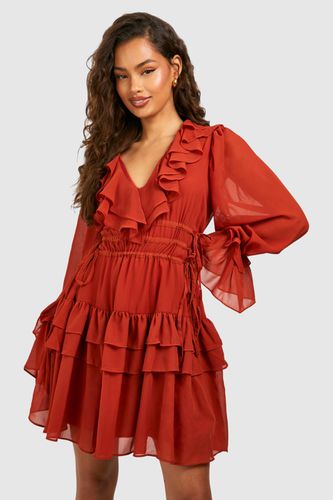 Womens Gathered Waist Ruffle Detail Skater Dress - - 14 - boohoo - Modalova