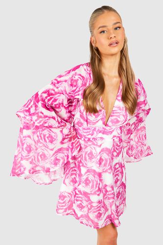 Womens Floral Chiffon Layered Frill Sleeve Skater Dress - - 14 - boohoo - Modalova