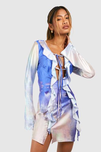 Womens Marble Print Tie Front Ruffle Mini Dress - - 10 - boohoo - Modalova