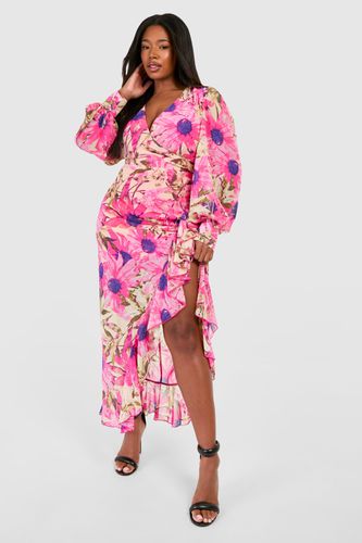 Womens Plus Floral Ruffle Wrap Maxi Dress - - 16 - boohoo - Modalova