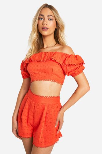 Womens Broderie Bardot Top - - 14 - boohoo - Modalova