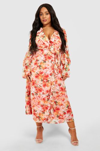Womens Plus Floral Print Ruffle Wrap Midi Dress - - 18 - boohoo - Modalova