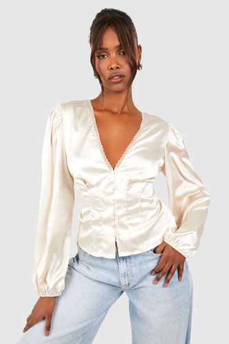 Womens Satin Button Detail Long Sleeve Blouse - - 10 - boohoo - Modalova