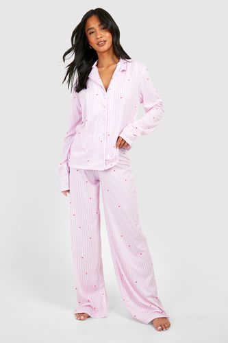 Womens Petite Love Heart Pinstripe Pyjama Set - - 10 - boohoo - Modalova