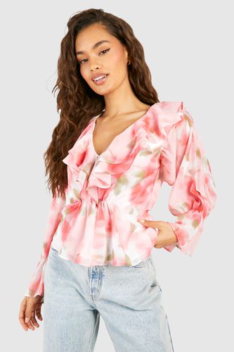 Womens Blurred Floral Chiffon Ruffle Blouse - - 14 - boohoo - Modalova