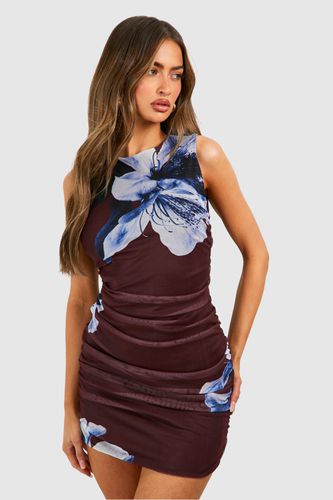 Womens Rouched Mesh Floral Sleeveless Mini Dress - - 14 - boohoo - Modalova