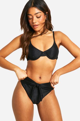 Womens Ribbed Tie Detail High Waisted Bikini Brief - - 12 - boohoo - Modalova