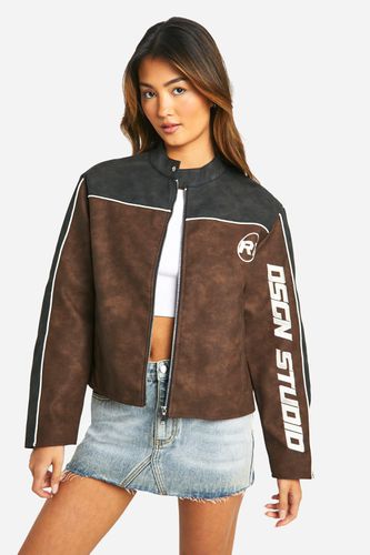 Womens Embroidered Fitted Vintage Look Faux Leather Moto Jacket - - 10 - boohoo - Modalova