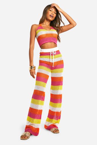 Womens Stripe Crochet Bralet And Wide Leg Trouser Knitted Set - - L - boohoo - Modalova