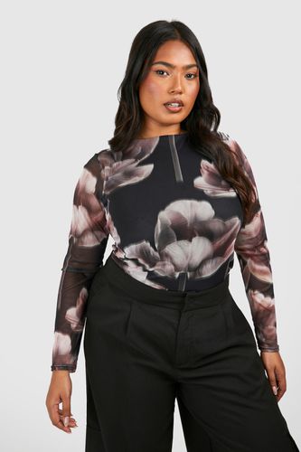 Womens Plus Abstract Flower Mesh Long Sleeve Top - - 28 - boohoo - Modalova