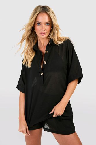 Womens Linen Look Button Kaftan Shirt & Short Beach Co-ord - - L - boohoo - Modalova