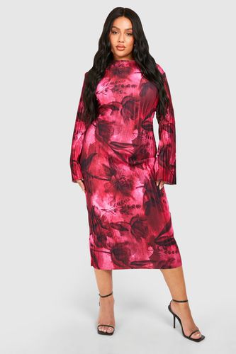 Womens Plus Plisse Floral Print Flare Sleeve Midaxi Dress - - 16 - boohoo - Modalova