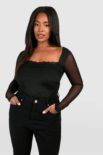Womens Plus Mesh Long Sleeve Lace Detail Bodysuit - - 18 - boohoo - Modalova