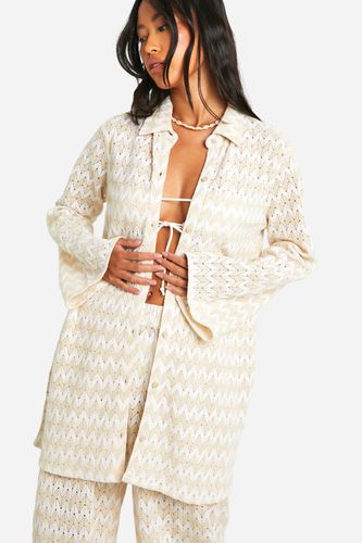 Womens Neutral Stripe Crochet Beach Shirt - - L - boohoo - Modalova