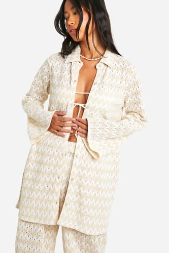 Womens Neutral Stripe Crochet Beach Shirt - - M - boohoo - Modalova