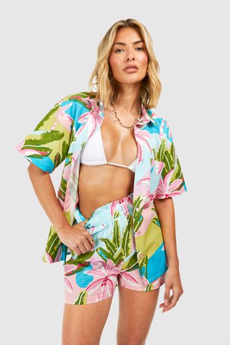 Womens Tropical Linen Look Shirt & Short Beach Co-ord - - L - boohoo - Modalova
