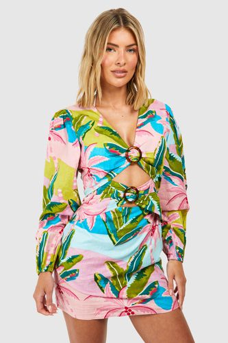 Womens Tropical Linen Look O-rings Beach Mini Dress - - L - boohoo - Modalova
