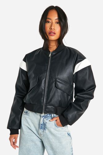Womens Faux Leather Cropped Moto Detail Bomber Jacket - - 12 - boohoo - Modalova